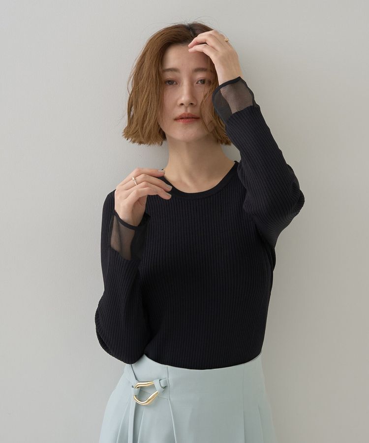 YECCA VECCA「袖口シアーリブニット」|ニット・セーター|Black