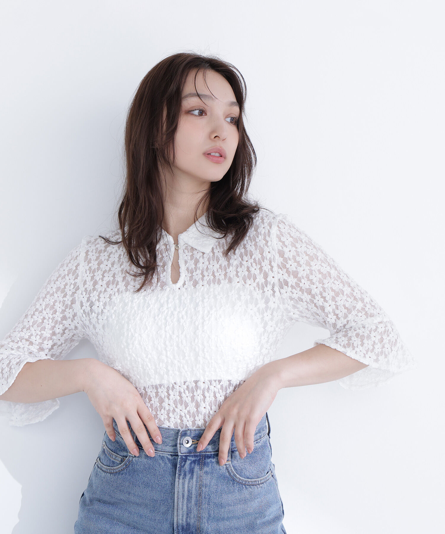  「シャツカラーレースカットソー」|Tシャツ・カットソー|