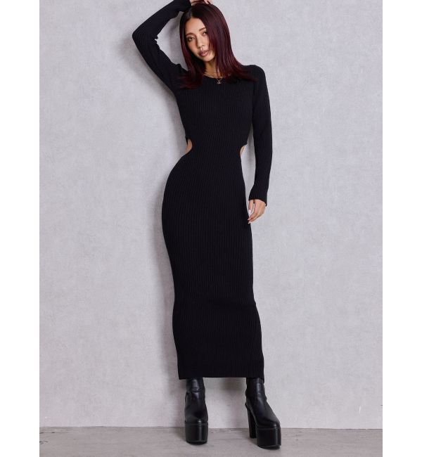 GYDA「LONG SLEEVE SIDE OPEN ニットワンピース」|ワンピース|ブラック