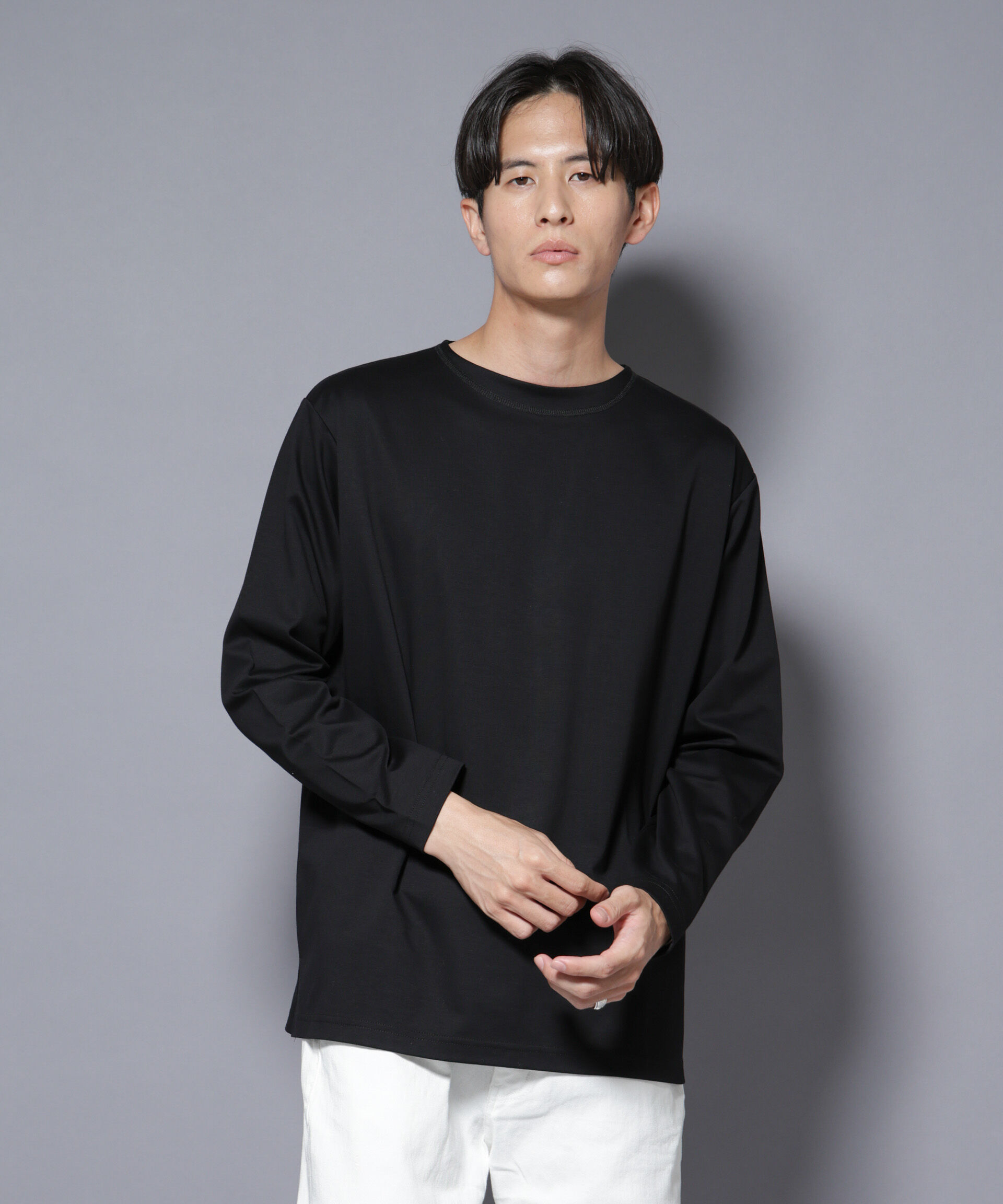 nano･universe「｢NJ/CLUB｣モクロディ ボートネック サイドスリットTシャツ」|Tシャツ・カットソー|ブラック