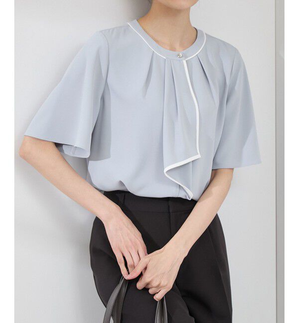 Rope&rsquo;Picnic「【WEB限定サイズ】配色ボウタイ風ハーフスリーブブラウス/通勤対応」|シャツ・ブラウス|サックス(48)