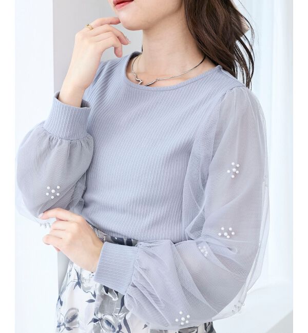  「パールチュールスリーブ長袖トップス」|Tシャツ・カットソー|ブルー