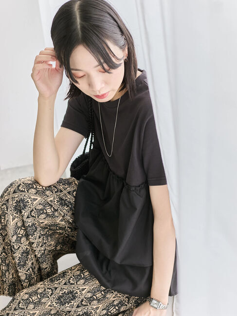 Samansa Mos2 blue「【接触冷感】ドッキングティアードプルオーバー」|Tシャツ・カットソー|ブラック