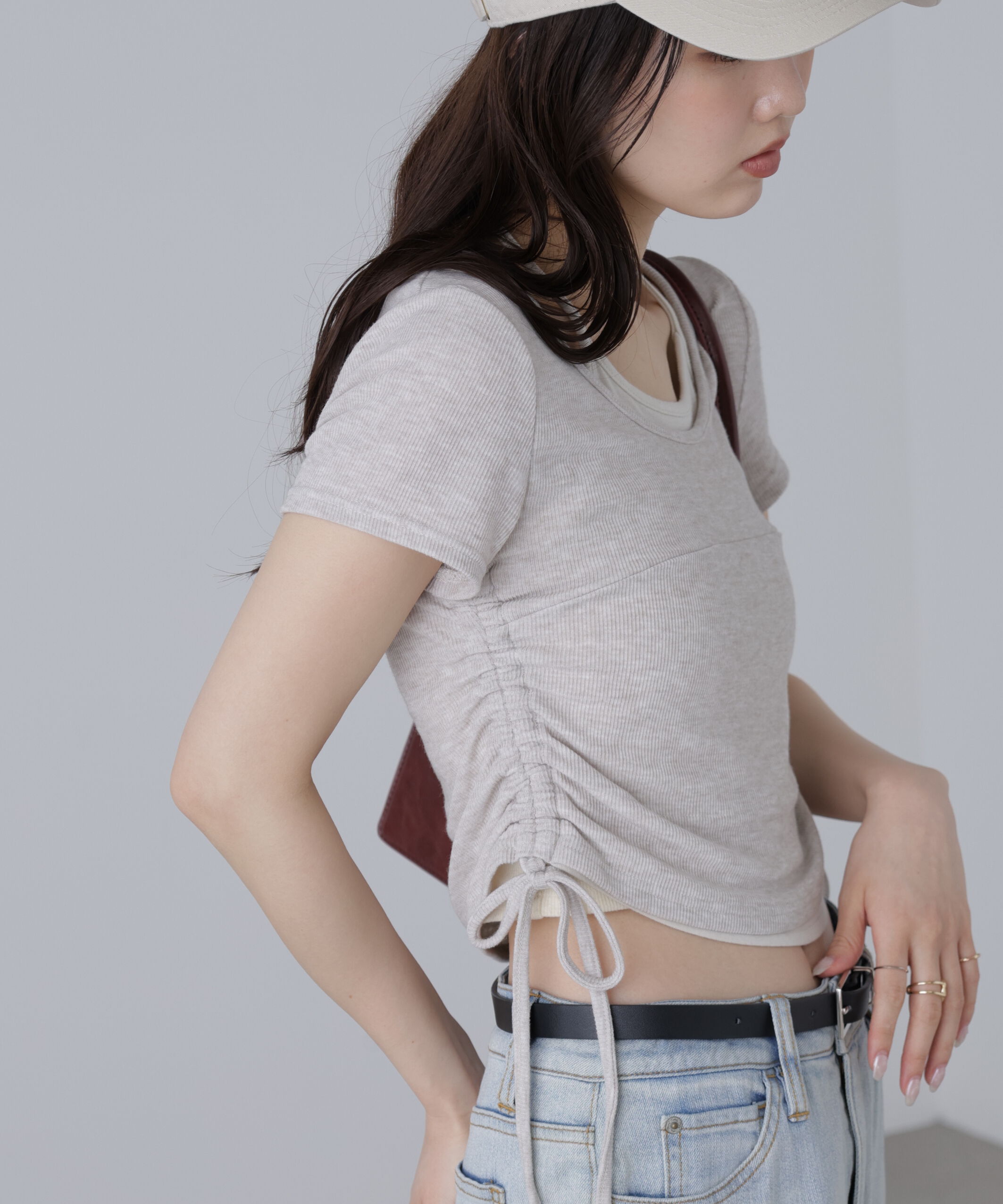  「ホルターネックレイヤードサイドドロスト半袖カットソー」|Tシャツ・カットソー|