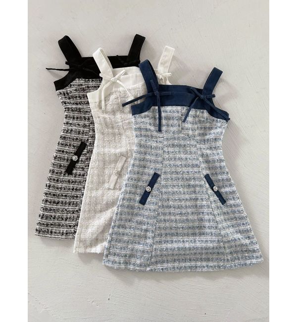 CALNAMUR「TWEED&times;DENIM BLOCKING RIBBON OP/ツイード&times;デニムブロッキングリボンワンピース」|ワンピース|