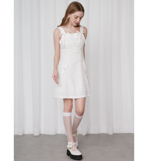 CALNAMUR「TWEED&times;DENIM BLOCKING RIBBON OP/ツイード&times;デニムブロッキングリボンワンピース」|ワンピース|