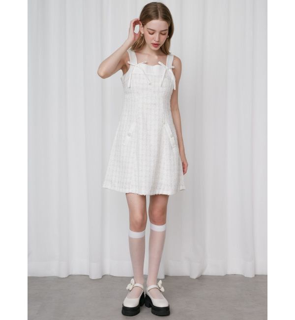 CALNAMUR「TWEED&times;DENIM BLOCKING RIBBON OP/ツイード&times;デニムブロッキングリボンワンピース」|ワンピース|