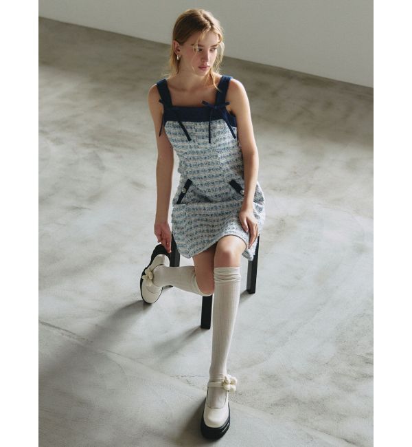 CALNAMUR「TWEED&times;DENIM BLOCKING RIBBON OP/ツイード&times;デニムブロッキングリボンワンピース」|ワンピース|