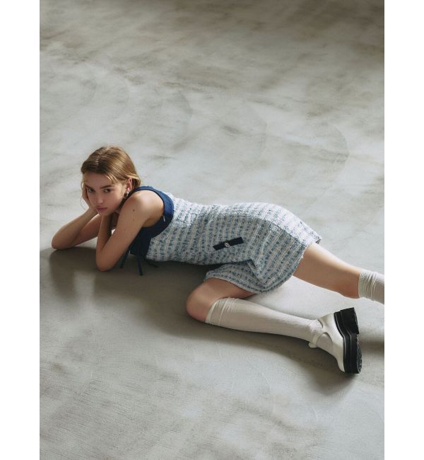 CALNAMUR「TWEED&times;DENIM BLOCKING RIBBON OP/ツイード&times;デニムブロッキングリボンワンピース」|ワンピース|