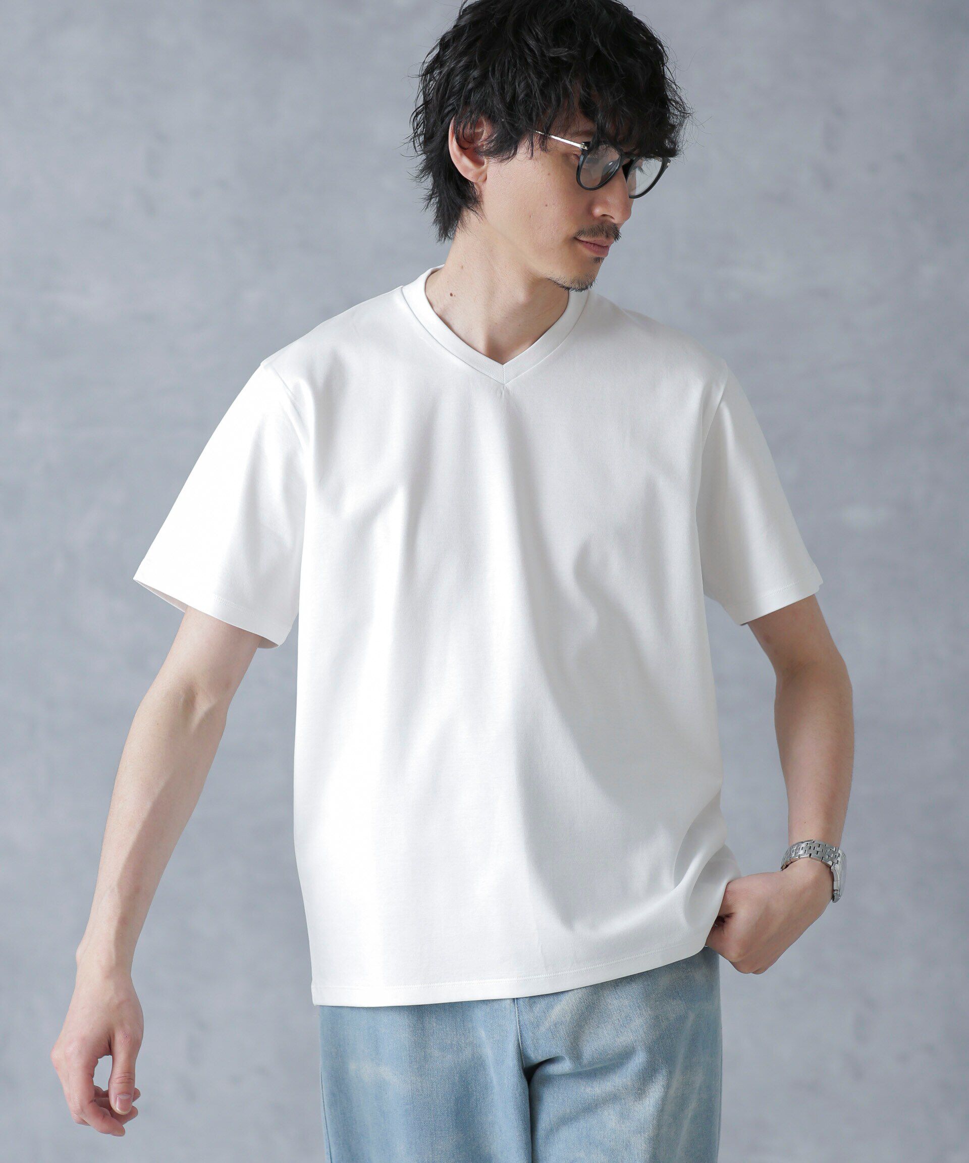 nano･universe「ジャケT(R) プレミアム Vネック 半袖」|Tシャツ・カットソー|ホワイト