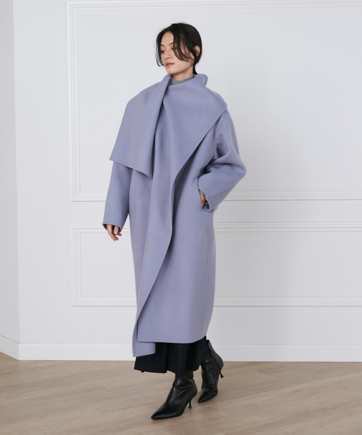 INED「《大きいサイズ》ストール風ラップリバーコート《la veille by SUPERIOR CLOSET》」|ステンカラーコート|