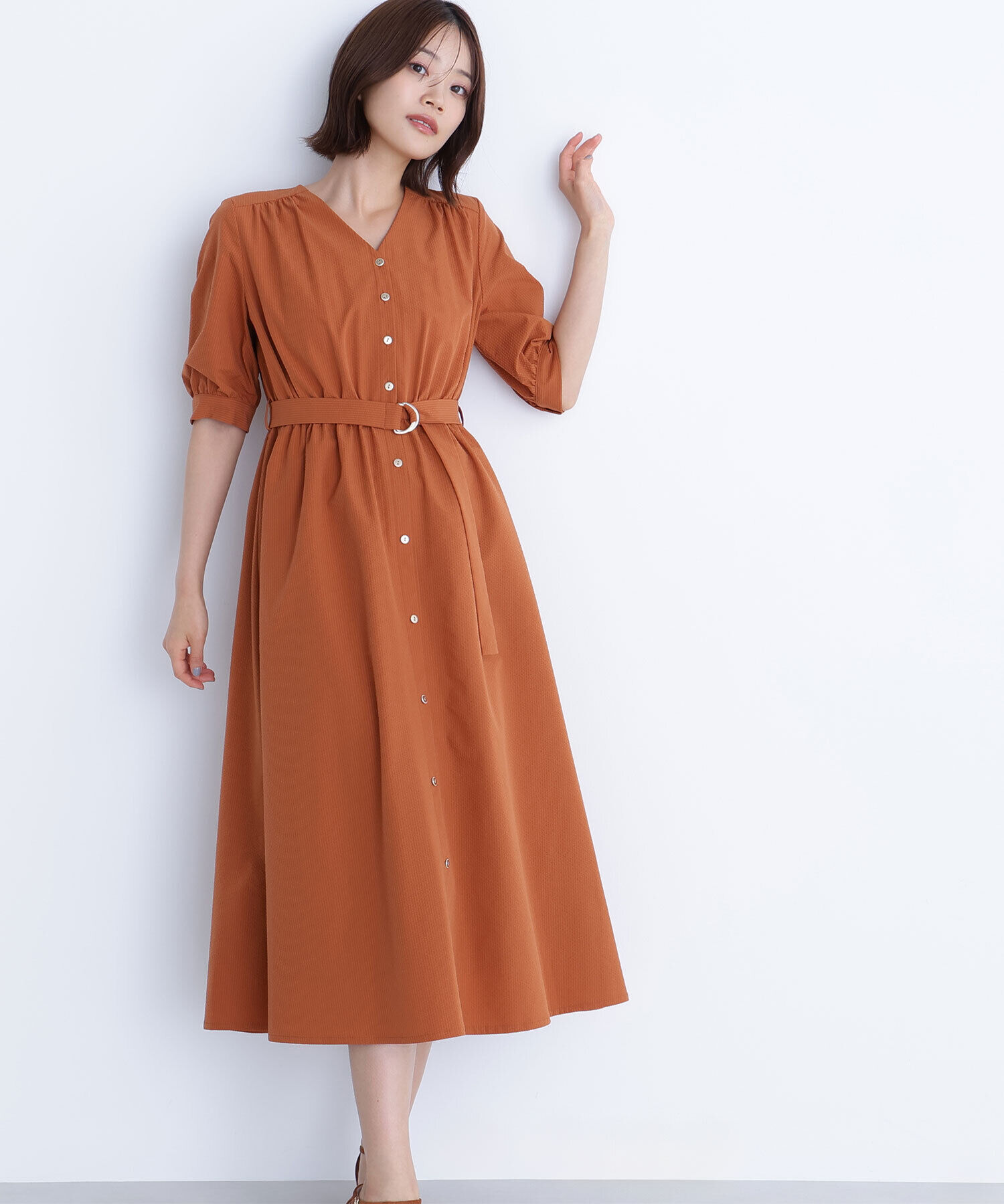  「ゴールドボタンベルテッドワンピース」|ワンピース|オレンジ