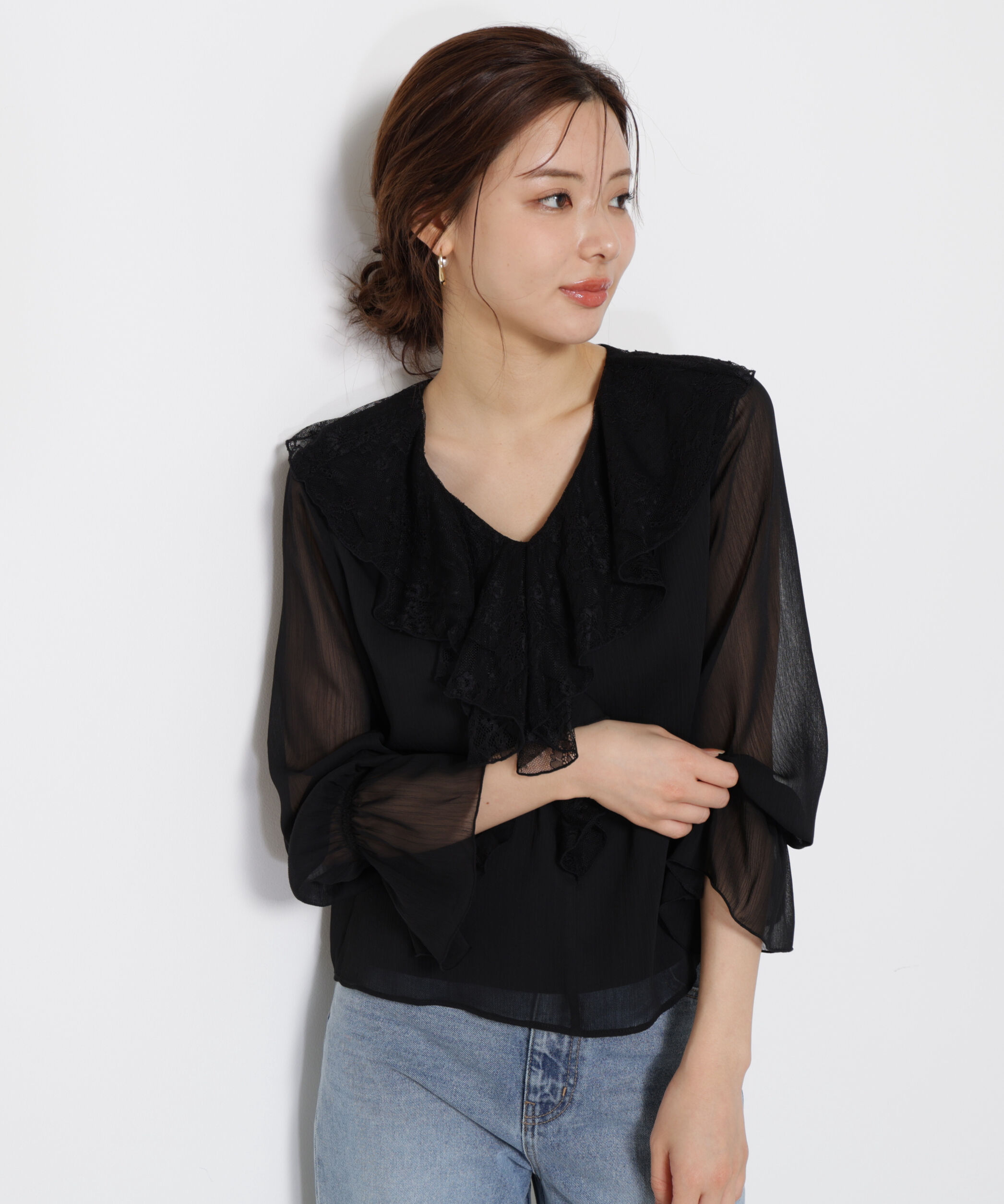 PROPORTION BODY DRESSING「レースフリル楊柳ブラウス 25AW」|シャツ・ブラウス|ブラック