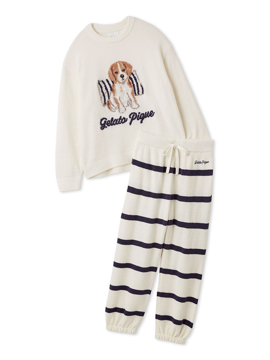 gelato pique「【ONLINE限定】【UNISEX】エアリーモコプレイフルDOGジャガードプルオーバー&ボーダーロングパンツセット」|ルームウェア|