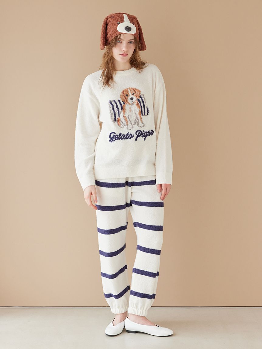 gelato pique「【ONLINE限定】【UNISEX】エアリーモコプレイフルDOGジャガードプルオーバー&ボーダーロングパンツセット」|ルームウェア|