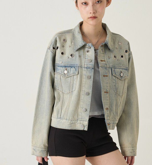  「【UNISEX/ユニセックス】アイレットデニムジャケット」|ブルゾン・スタジャン|サックスブルー