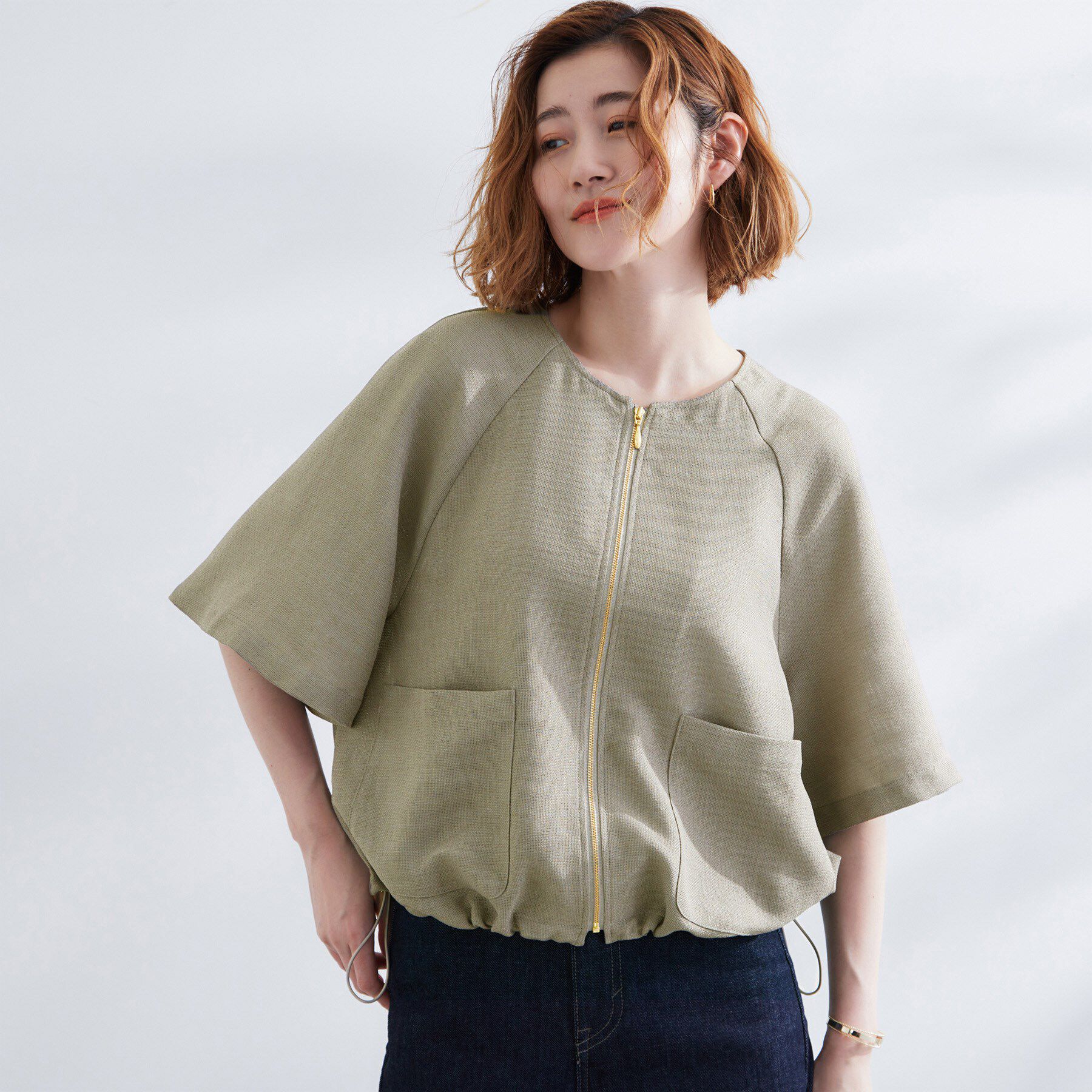 grove「透け感と立体感で魅せる、大人の夏のメッシュワイドスリーブジャケット」|ノーカラージャケット|カーキ(027)