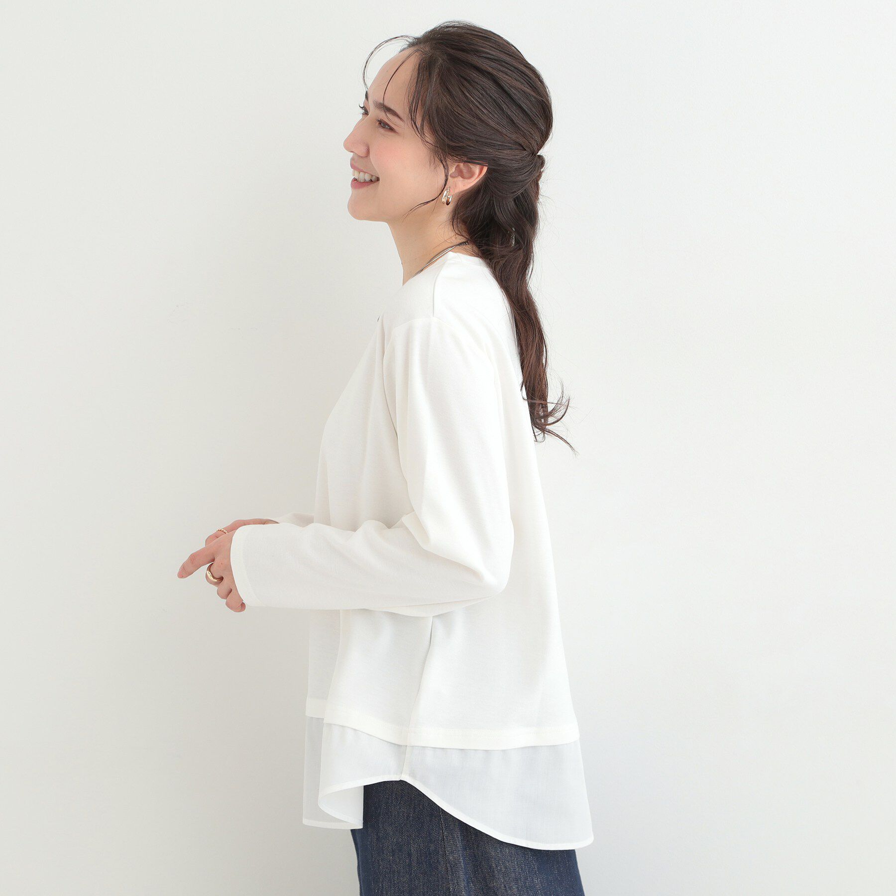 SHOO･LA･RUE「【洗濯機可/S-LL】レイヤードスタイルにおすすめ 裾切替 スムースロンT」|Tシャツ・カットソー|