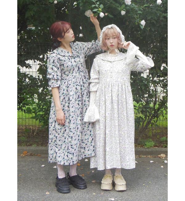 merry jenny「floralセーラーギャザーパフワンピース」|ワンピース|