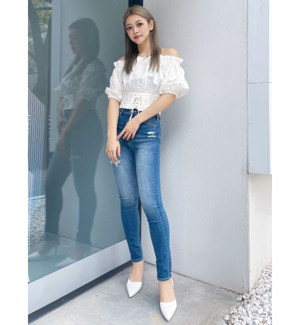 GYDA「ハイウエストGD embossダメージスキニーデニムパンツ」|デニム|
