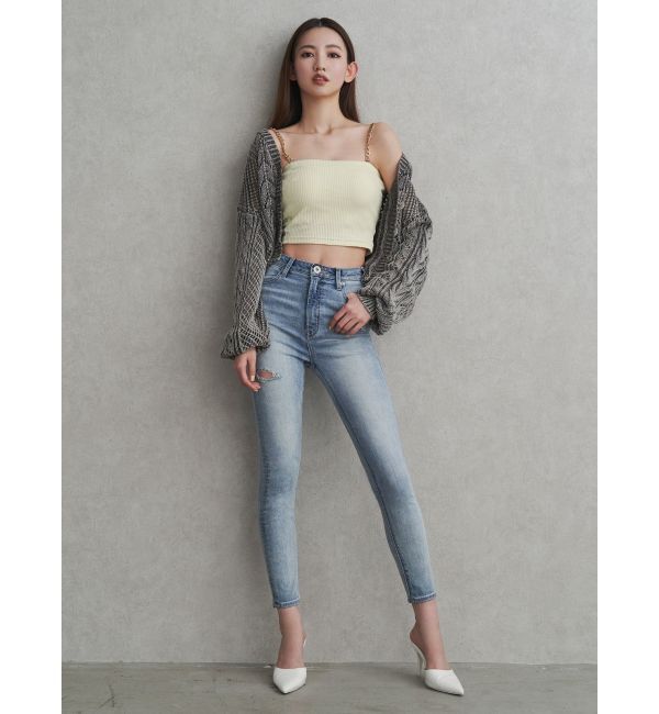 GYDA「ハイウエストGD embossダメージスキニーデニムパンツ」|デニム|