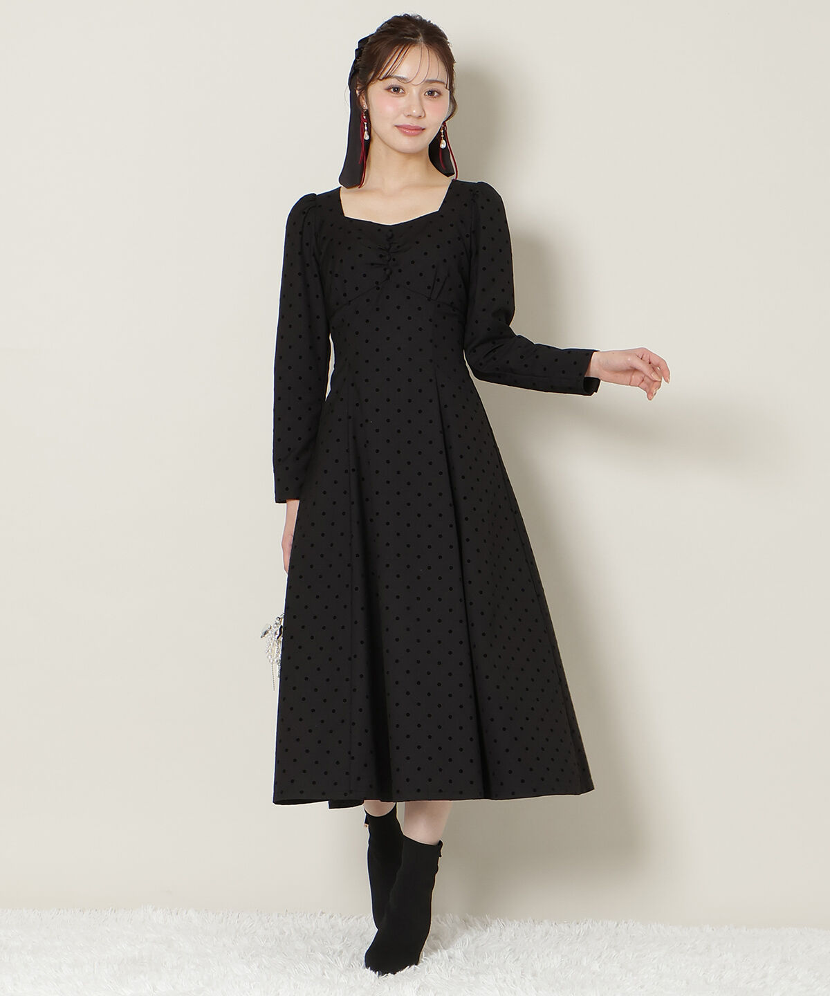 WILLSELECTION「ドットフロッキーフレアワンピース」|ワンピース|黒系水玉