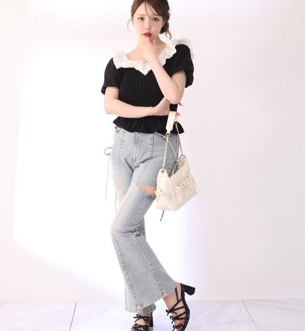  「【 XS～Mサイズ展開あり】サイドスリットリボン美脚デニムパンツ」|その他|