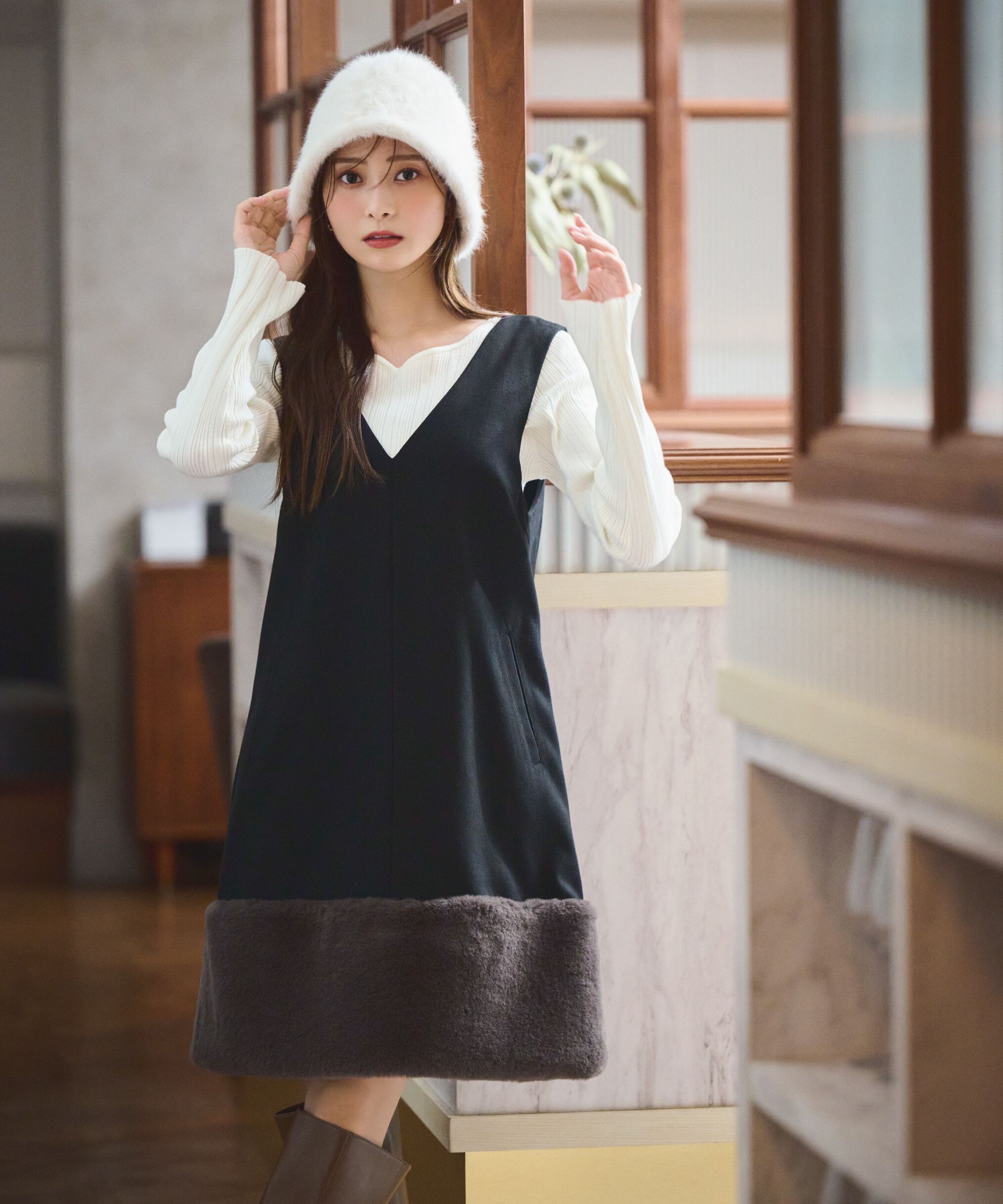 PROPORTION BODY DRESSING「ヘムフェイクファーミニジャンスカ　24AW」|ワンピース|ブラック&times;チャ