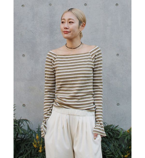 Ungrid「【WEB限定】オフショルダーボーダーロングスリーブTee」|Tシャツ・カットソー|イエロー