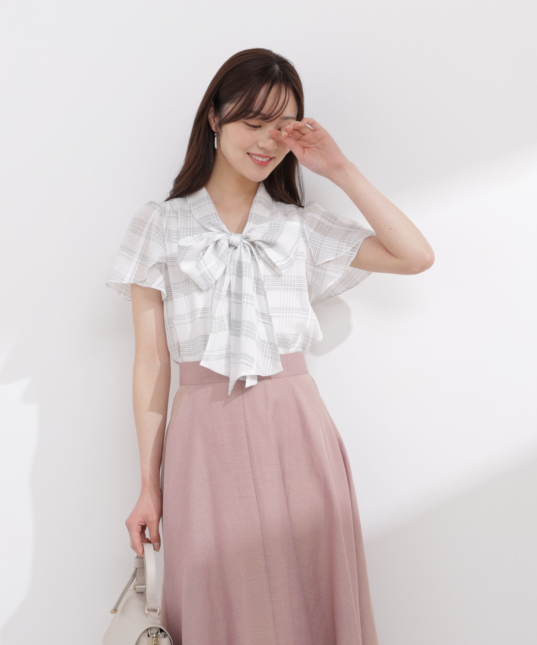 PROPORTION BODY DRESSING「チェックチューリップ袖リボンブラウス 26SS」|シャツ・ブラウス|
