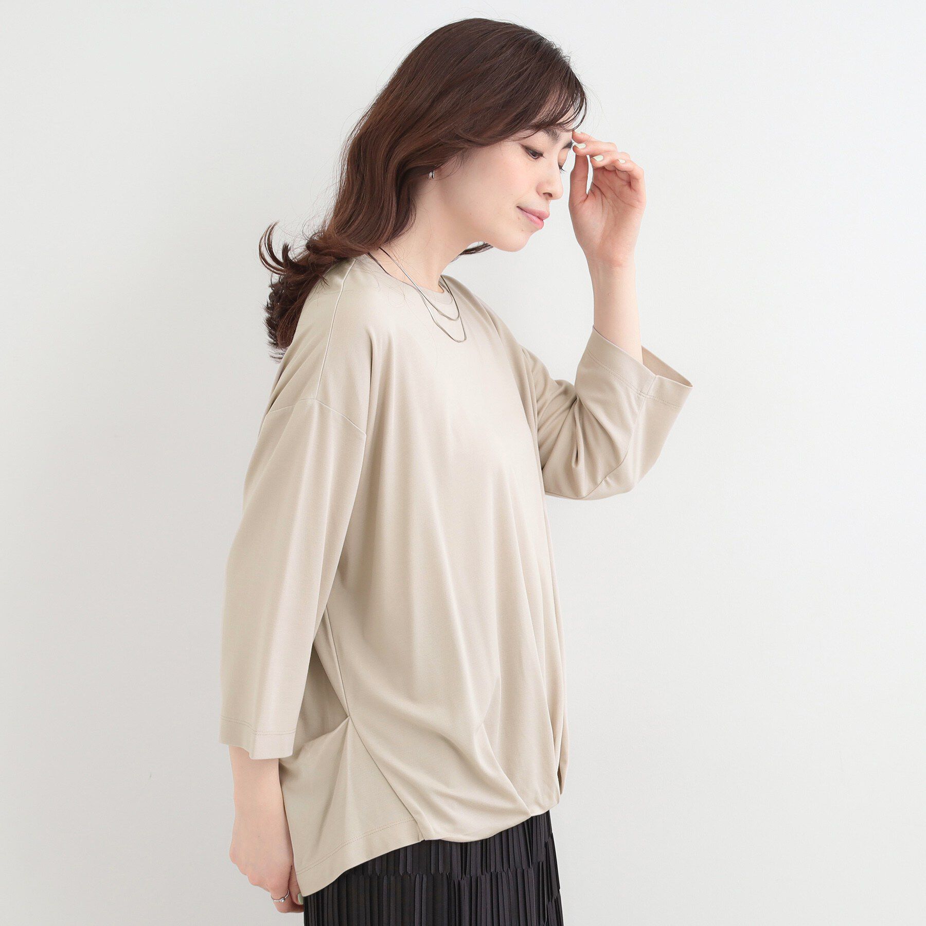 SHOO･LA･RUE「【ひんやり/UV/体系カバー】とろみフロントタック7分袖ゆるトップス」|Tシャツ・カットソー|