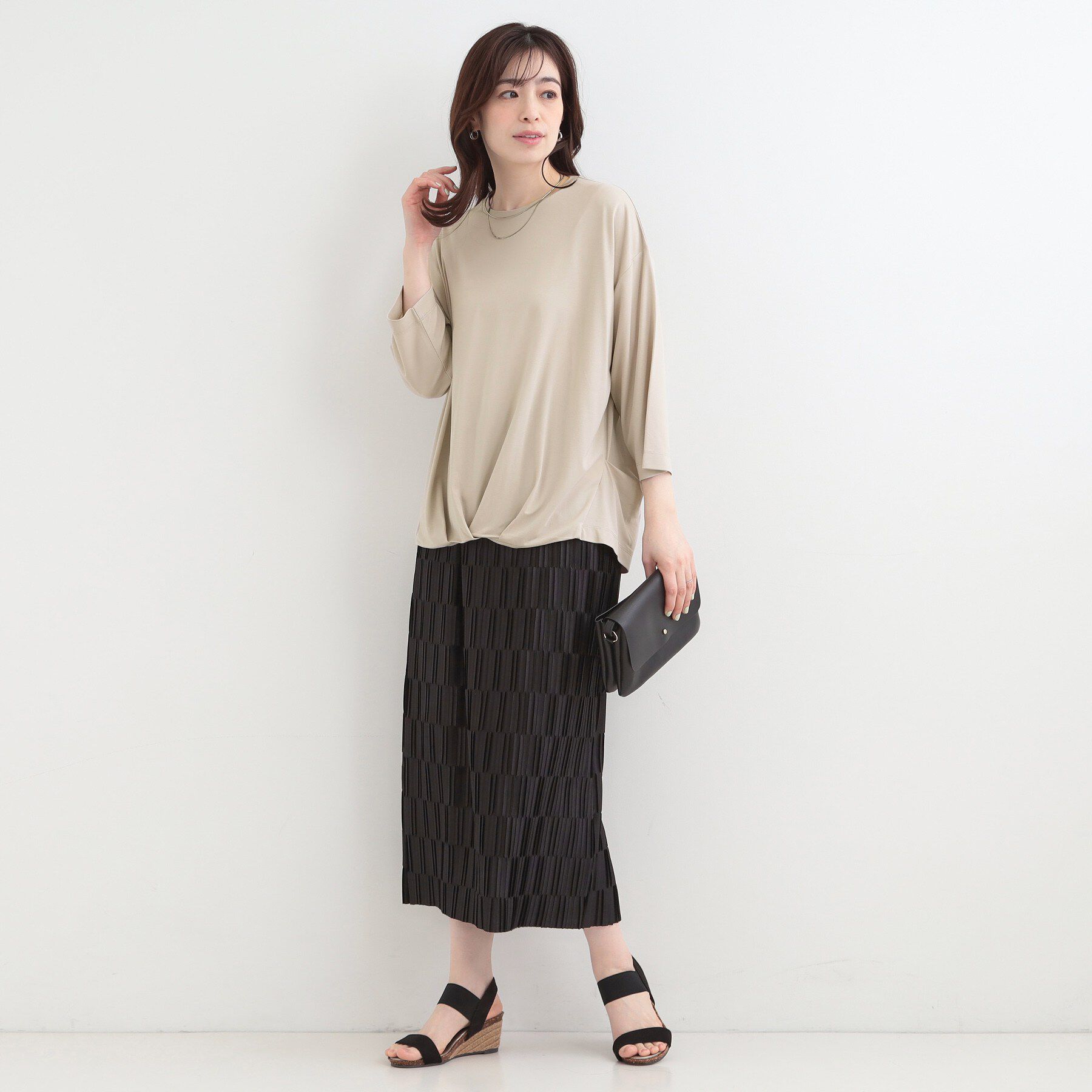SHOO･LA･RUE「【ひんやり/UV/体系カバー】とろみフロントタック7分袖ゆるトップス」|Tシャツ・カットソー|