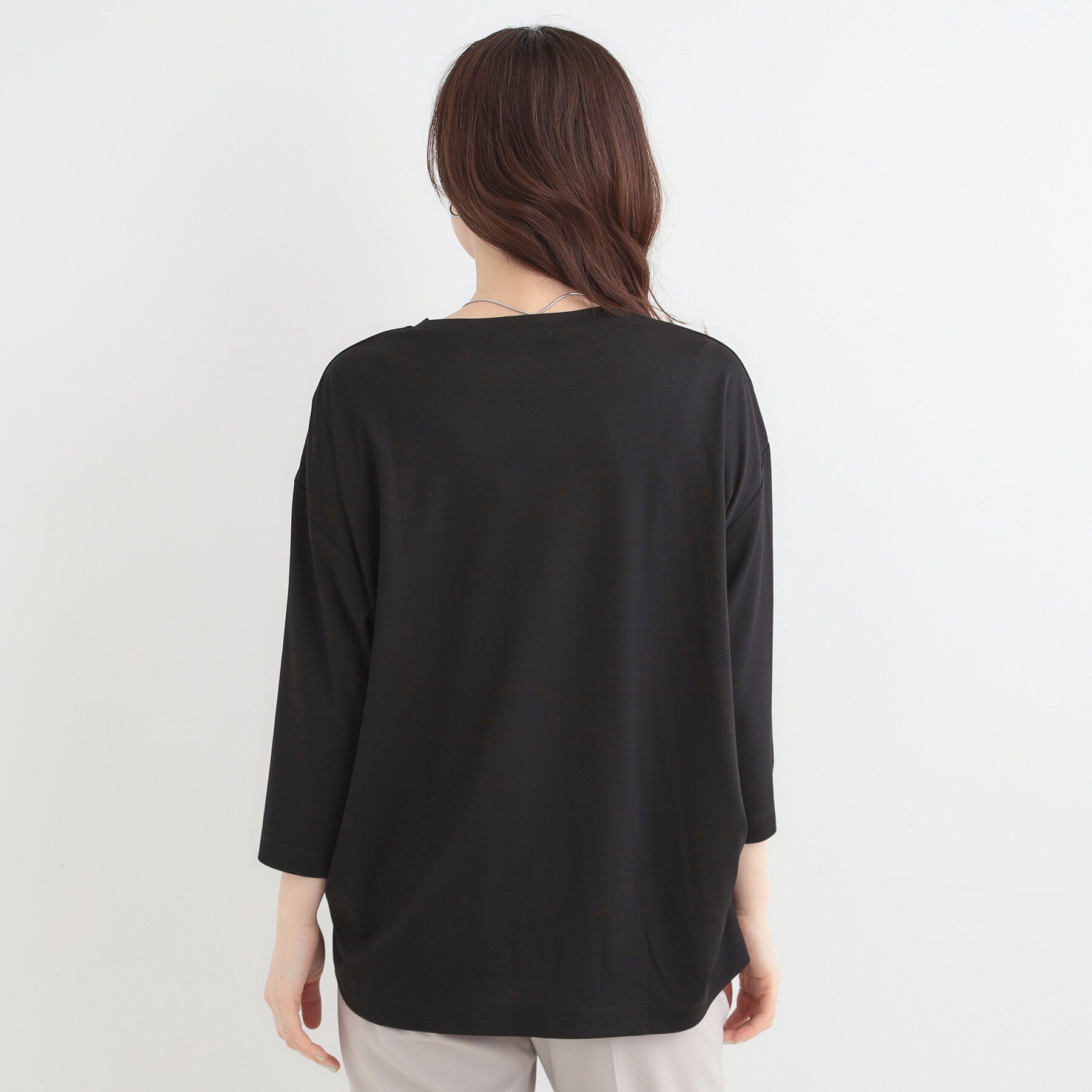 SHOO･LA･RUE「【ひんやり/UV/体系カバー】とろみフロントタック7分袖ゆるトップス」|Tシャツ・カットソー|