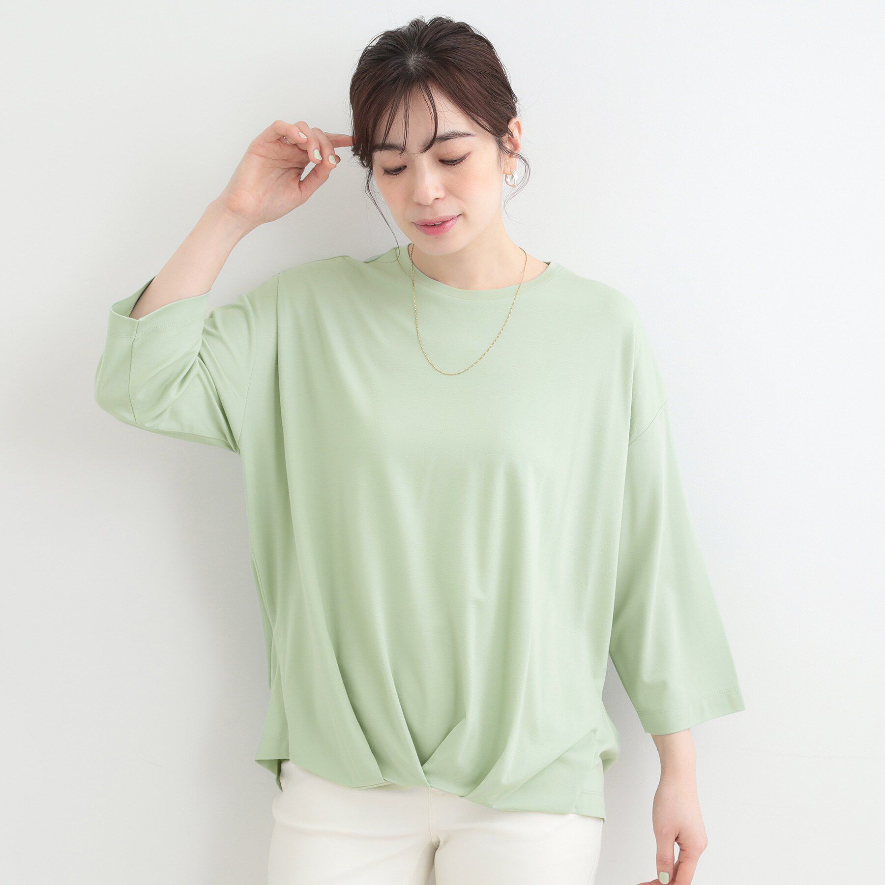 SHOO･LA･RUE「【ひんやり/UV/体系カバー】とろみフロントタック7分袖ゆるトップス」|Tシャツ・カットソー|