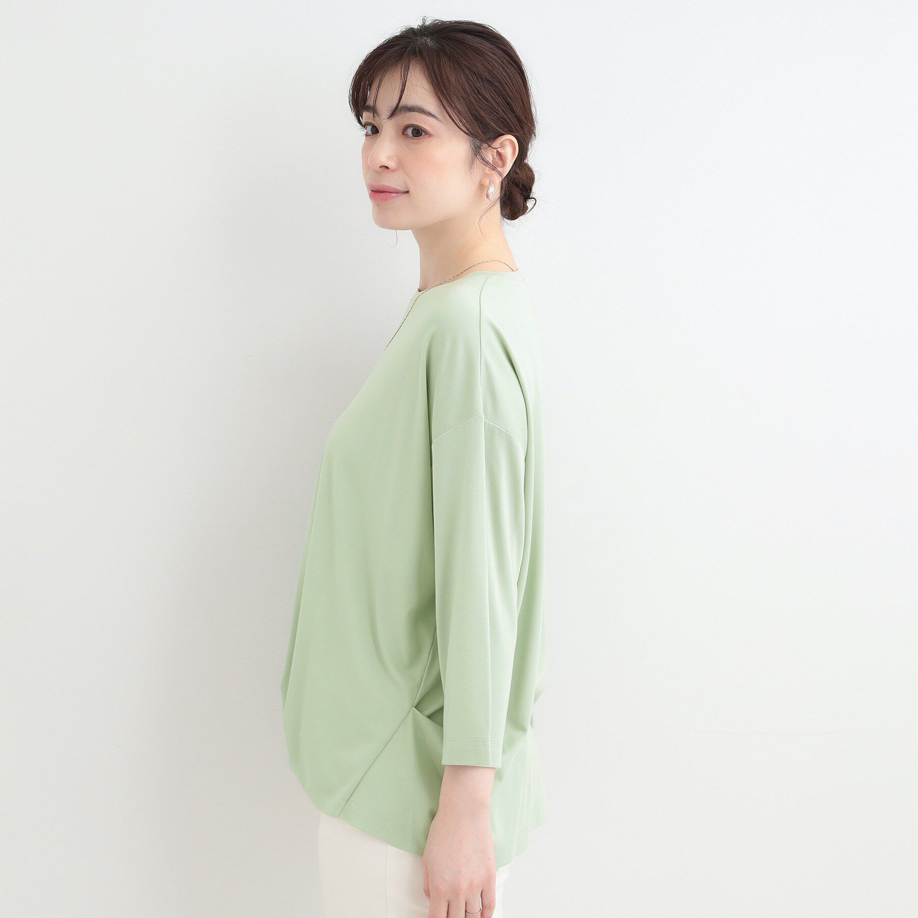 SHOO･LA･RUE「【ひんやり/UV/体系カバー】とろみフロントタック7分袖ゆるトップス」|Tシャツ・カットソー|