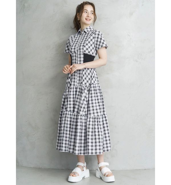 CALNAMUR「WAIST RIB CHECK SHIRT OP/ウエストリブチェックシャツワンピース」|ワンピース|