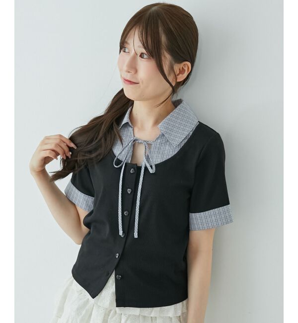  「シャツドッキングカットトップス」|Tシャツ・カットソー|ブラック柄