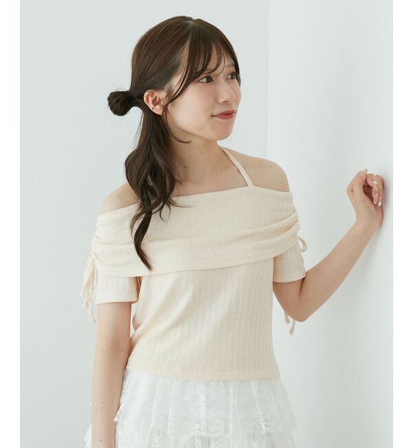  「裾レースオフショルトップス」|Tシャツ・カットソー|ピンク