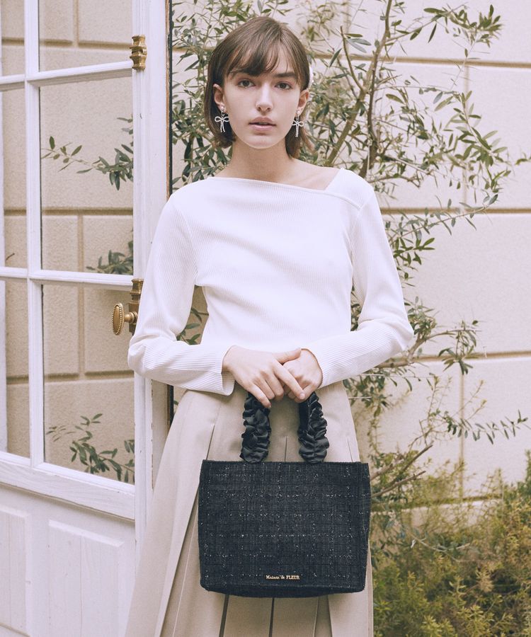Maison de FLEUR「ツイードフリルハンドルスクエアトートバッグ」|トートバッグ|ブラック