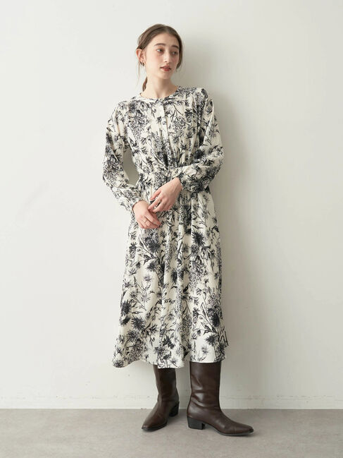 YECCA VECCA「ラインフラワー柄ワンピース」|ワンピース|アイボリー