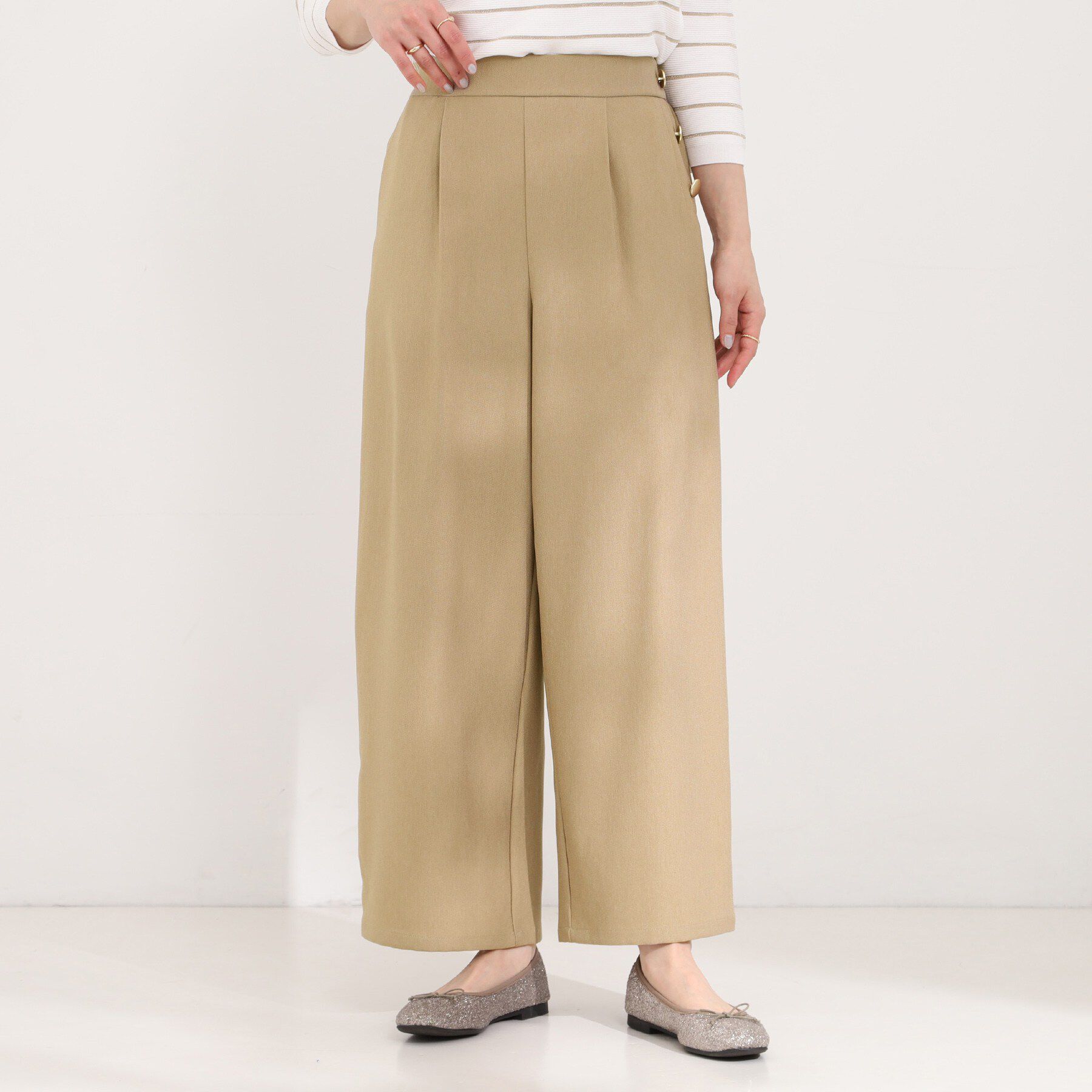 SHOO･LA･RUE「【S-LL】はくだけすっきりシルエット サイドボタン付き デニム風ワイドパンツ」|その他|