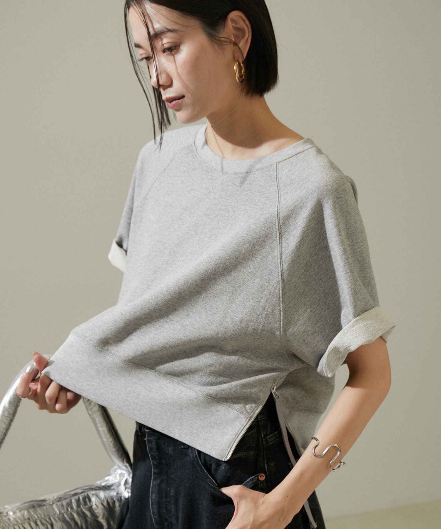 SALON adam et rope'「【WEB限定】サイドジップハーフスリーブスウェットTシャツ」|Tシャツ・カットソー|