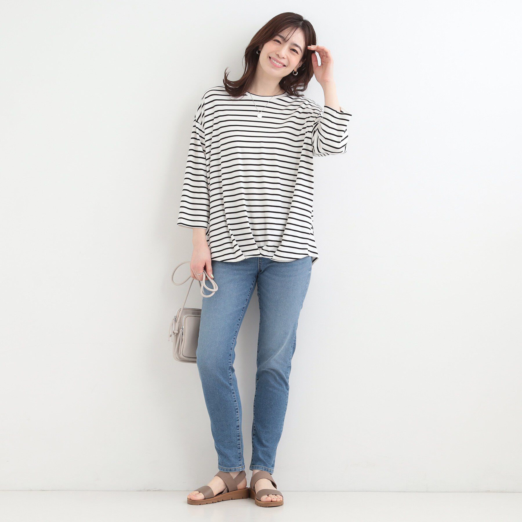 SHOO･LA･RUE「【ひんやり/UV/体系カバー】とろみフロントタック7分袖ゆるトップス」|Tシャツ・カットソー|