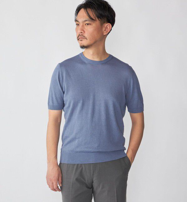 SHIPS「Drumohr: リネン コットン ガーメントダイ クルーネック ニット Tシャツ」|Tシャツ・カットソー|スカイブルー