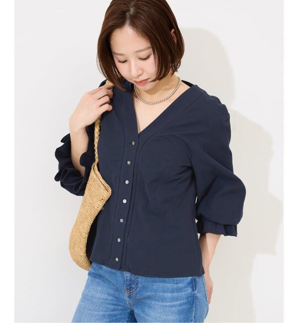 ◆IENA◆レトロフラワー 前ボタンVネックブラウス ネイビー 追加》ストライプフラワー 前ボタンVネックブラウス（シャツ／ブラウス