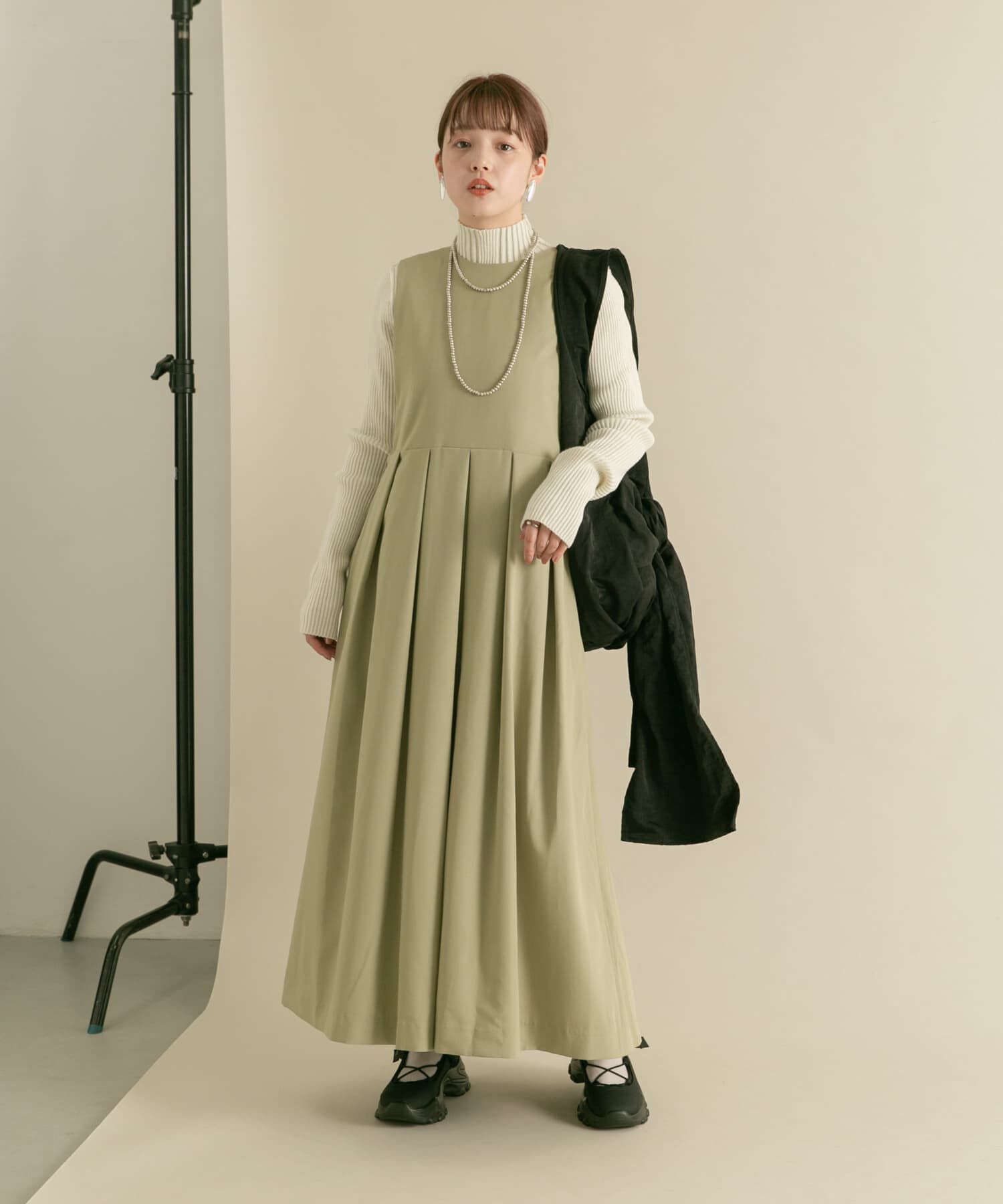  「『2サイズ展開』キーネックBIGプリーツジャンパースカート」|ワンピース|