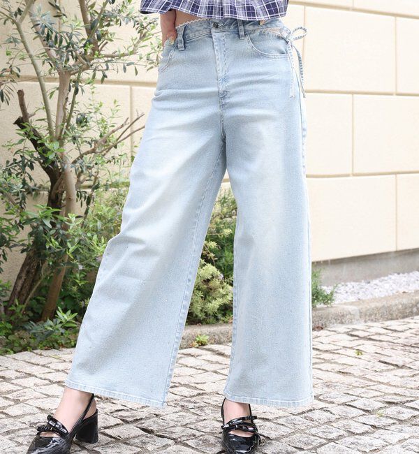  「【XSサイズあり・ウエストサイズ調整可】サイドカットレースビジューワイドデニム」|その他|