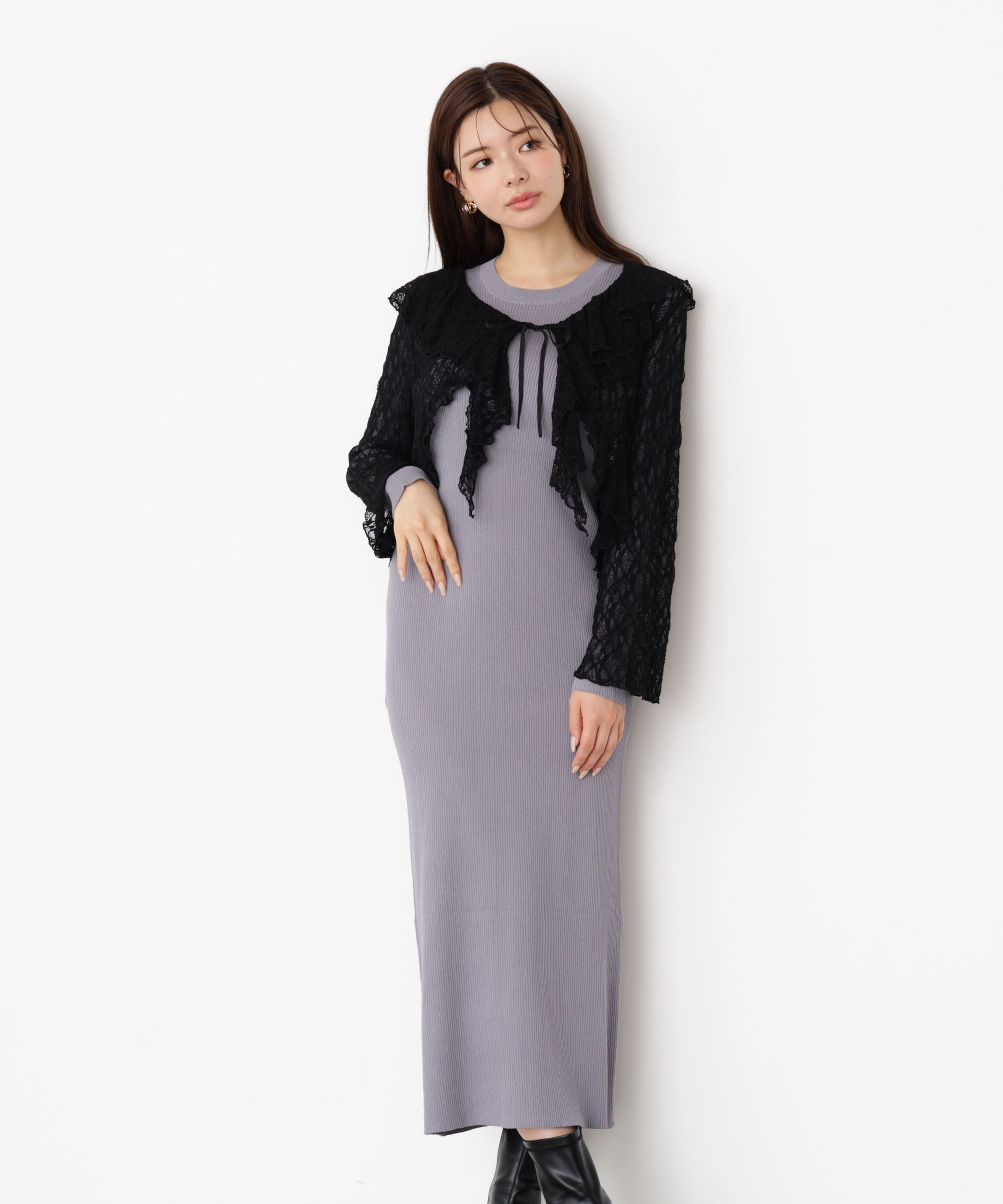 PROPORTION BODY DRESSING「フリルレースセットニットワンピース 25AW」|ワンピース|ブルー&times;ブラッ