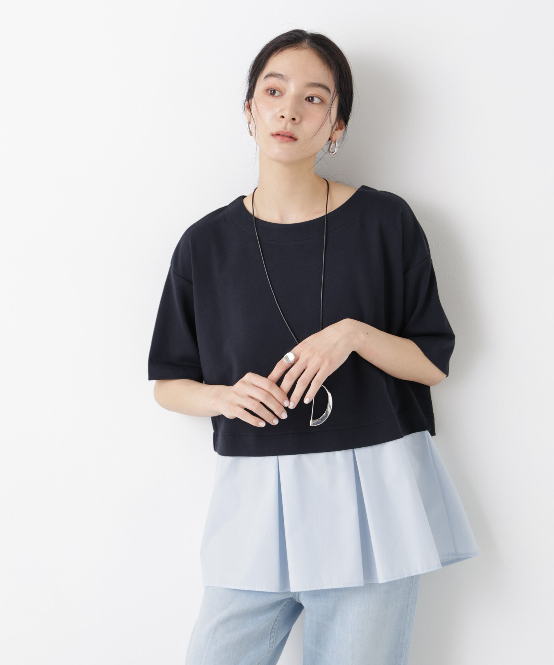 nano･universe「異素材ペプラムカットソー」|Tシャツ・カットソー|ネイビー