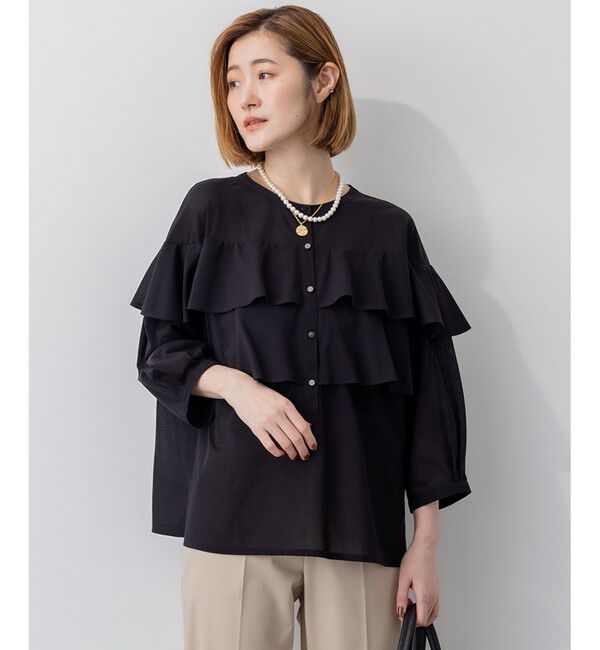 23区「【Oggi9月号掲載/洗える】クリアトリコットジャージー フリルデザイン カットソー」|Tシャツ・カットソー|ブラック系